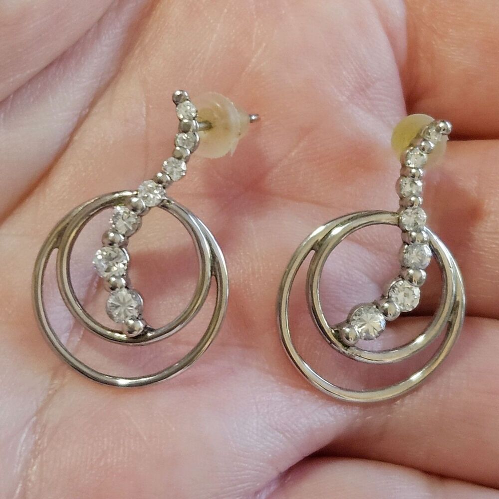 Sterling Silver Circles With Cubic Zirconia Swoop Dangling Earrings